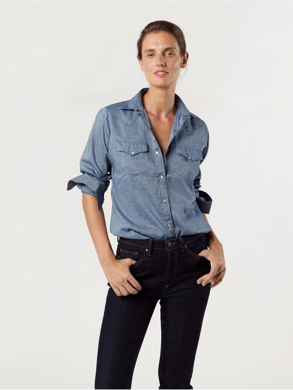 Ann Mashburn Western Shirt Cotton Linen Chambray size Medium